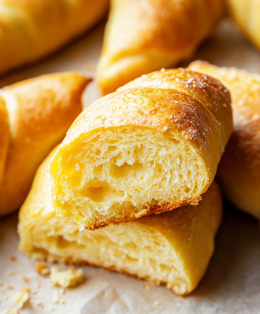 Close-up of fluffy interior of a gluten-free crescent roll