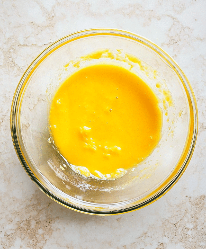 Beaten egg mixture in a glass bowl for crescent rolls