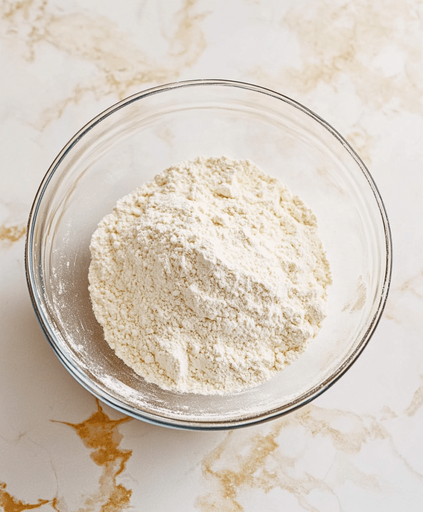 Gluten-free flour mix in a glass mixing bowl