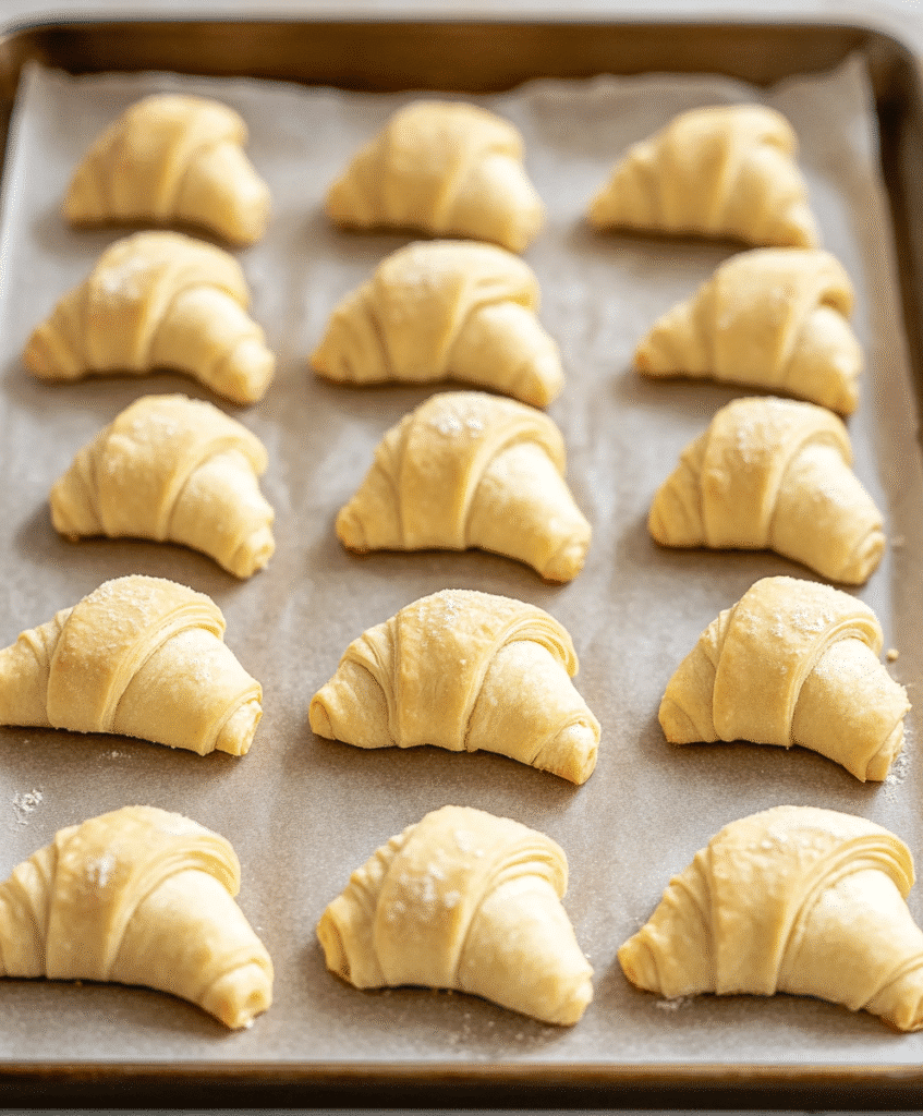 Unbaked gluten-free crescent rolls on a baking sheet