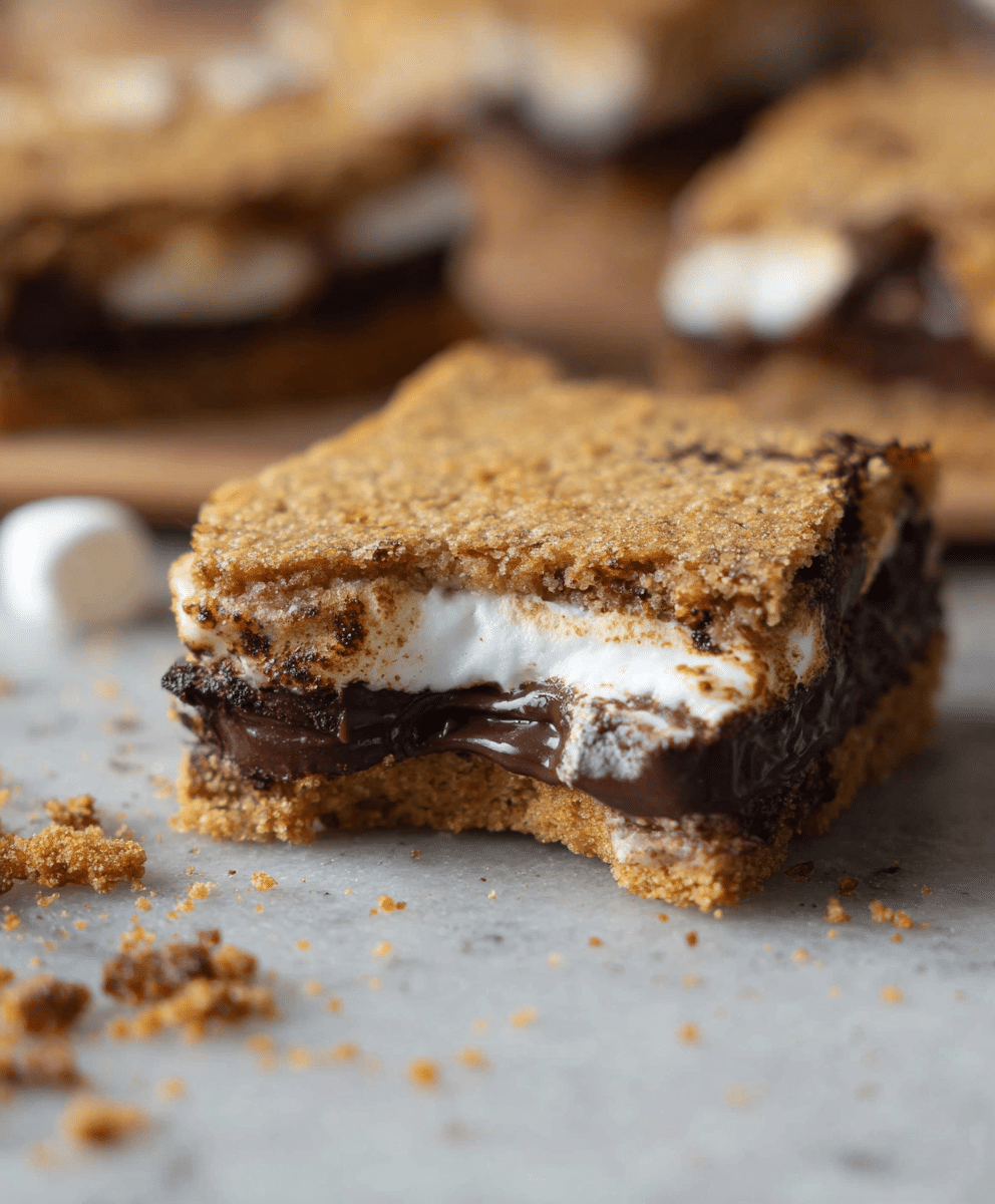 Gluten-Free S'mores Bars: The Ultimate Gooey Campfire Dessert Made Easy 2 Gooey gluten-free s’mores bar with a bite showing chocolate and marshmallow layers1
