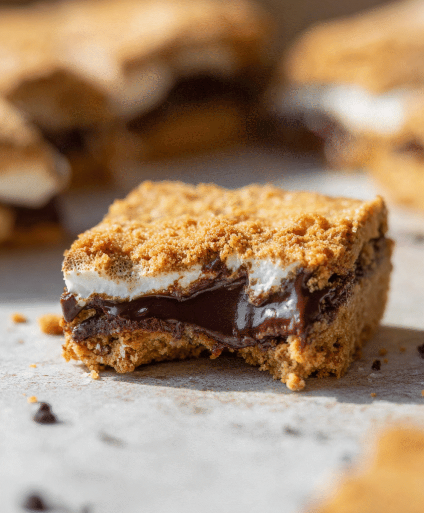 Gluten-Free S'mores Bars: The Ultimate Gooey Campfire Dessert Made Easy 5 Gooey gluten-free s’mores bar with a bite showing chocolate and marshmallow layers