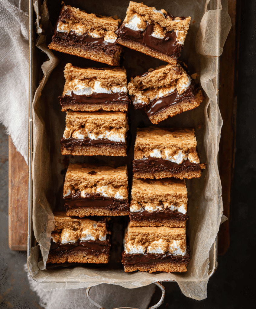 Gluten-Free S'mores Bars: The Ultimate Gooey Campfire Dessert Made Easy 4 Gluten-free s’mores bars stacked in a parchment-lined baking tray