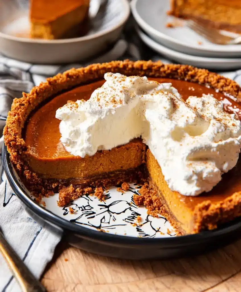 Easy gluten free pumpkin pie topped with whipped cream