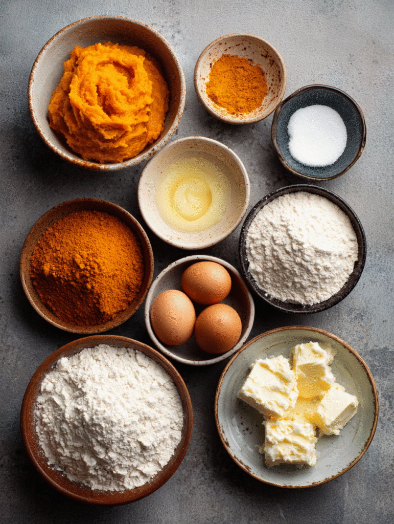 Gluten-Free Pumpkin Cream Cheese Muffins (Starbucks Copycat) – Moist, Fluffy & Irresistible 2 gluten-free pumpkin cream cheese muffins ingredients flat lay