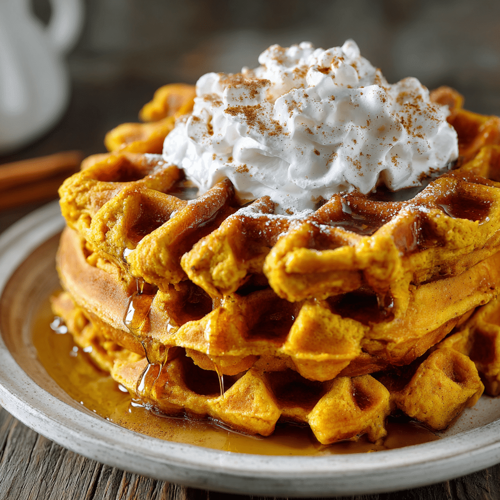 gluten-free pumpkin waffles stacked with maple syrup and whipped cream