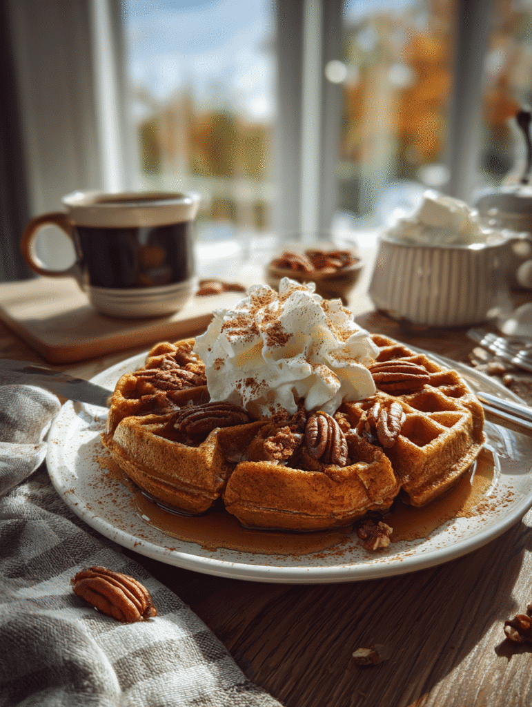 Gluten-Free Pumpkin Waffles – The Best Fall Breakfast Treat 4 gluten-free pumpkin waffles served with syrup whipped cream and pecans