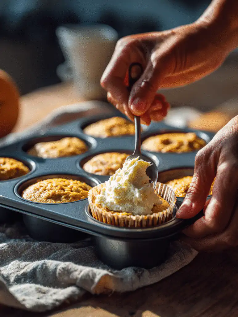 Gluten-Free Pumpkin Cream Cheese Muffins (Starbucks Copycat) – Moist, Fluffy & Irresistible 3 preparing gluten-free pumpkin cream cheese muffins batter and filling