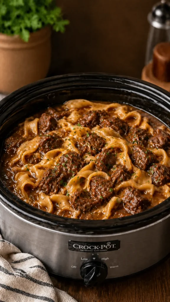 creamy crockpot beef and noodles with shredded chuck roast in a white bowl