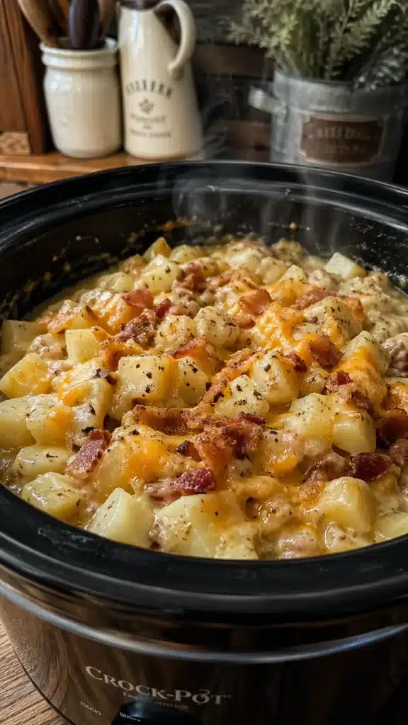 crockpot swamp potatoes with cheesy sauce sausage and green beans in a slow cooker