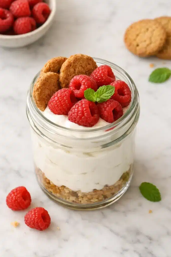 dairy free cheesecake gluten free coconut yogurt glass jar with raspberries mint and GF cookies