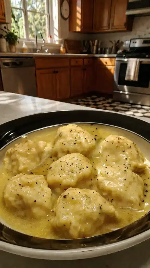 bowl of fried milk dumplings topped with thick creamy pepper gravy and cracked black pepper