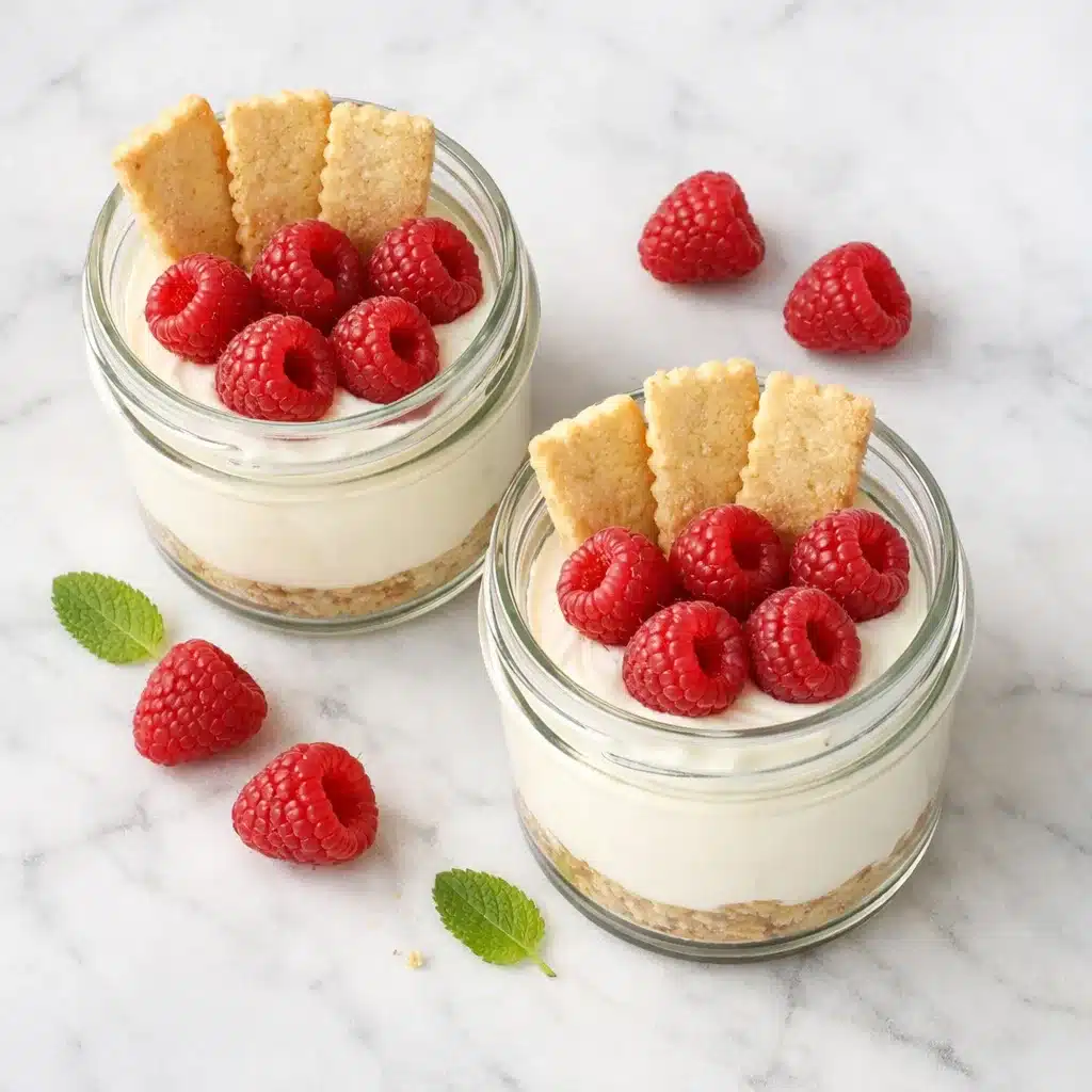 Gluten-free yogurt cheesecake in mason jars topped with fresh raspberries and shortbread cookies on white marble surface