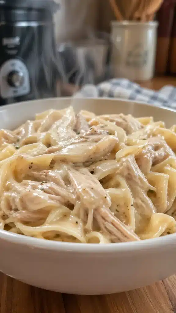 creamy crockpot chicken and noodles in a white bowl with egg noodles and fresh parsley