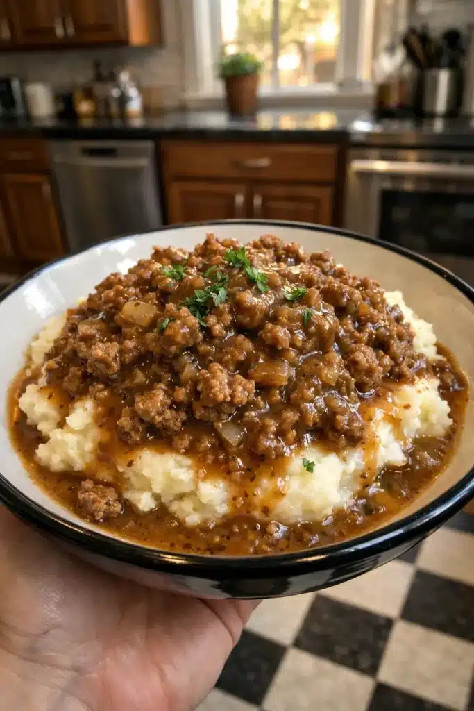 ground beef and gravy over creamy mashed potatoes in a white bowl held by hand