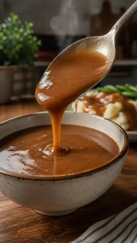 perfect homemade gravy being poured from a ladle over mashed potatoes in a white bowl