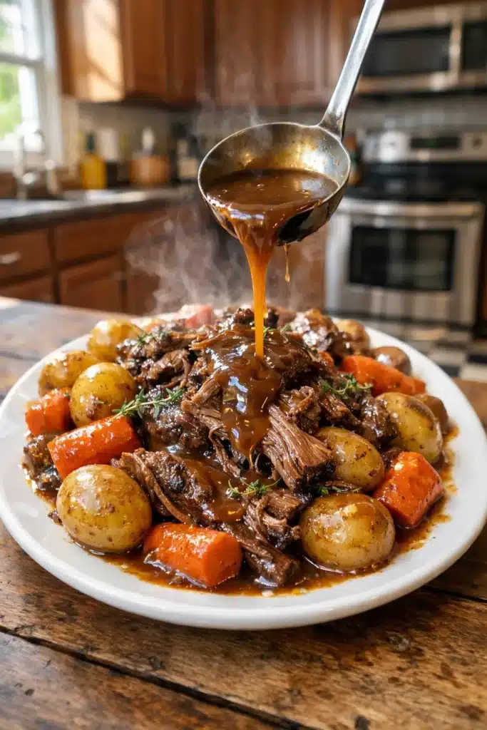slow cooker pot roast with brown gravy served with potatoes and carrots on a white platter