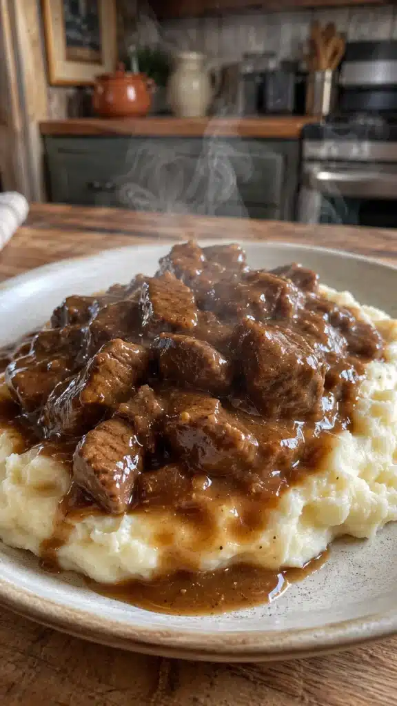 beef tips and gravy over creamy mashed potatoes in a white bowl with fresh parsley