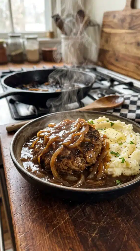 hamburger steak smothered in caramelized onion gravy over mashed potatoes in a dark bowl