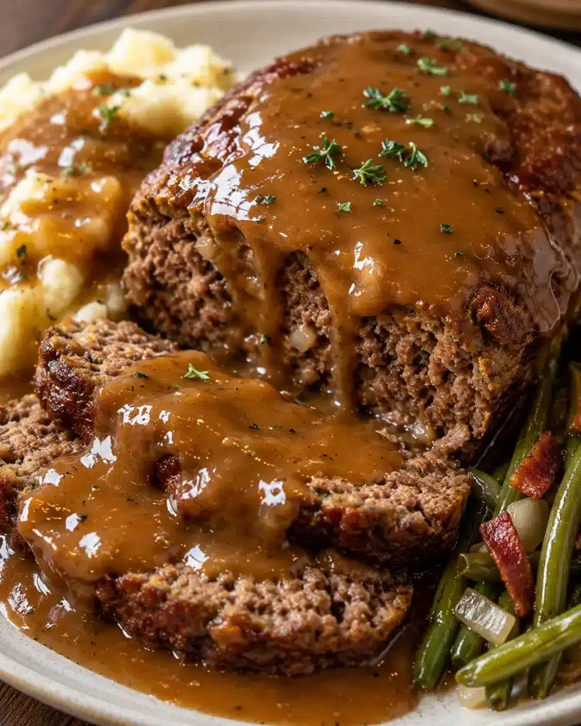 meatloaf with brown gravy over mashed potatoes on a white plate with green beans