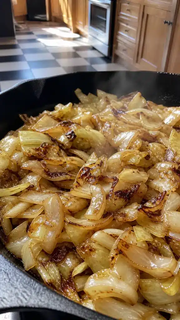 southern fried cabbage with bacon and caramelized onions in a cast iron skillet