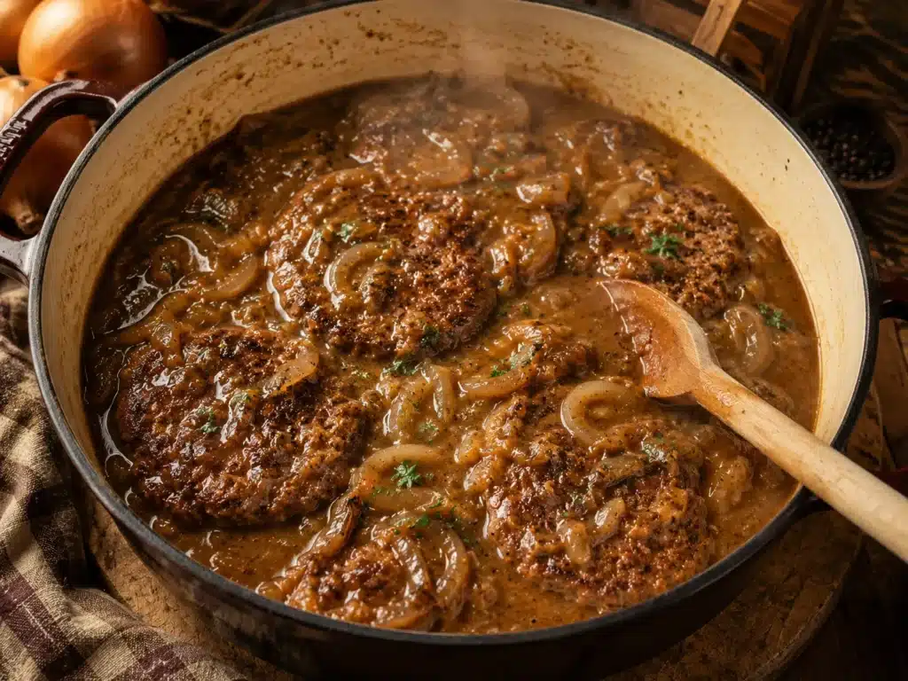 Swiss Steak (Tender, Old-Fashioned & Irresistible with Slow Onion Gravy) 5 swiss steak pieces nestled in caramelized onion gravy in a covered Dutch oven