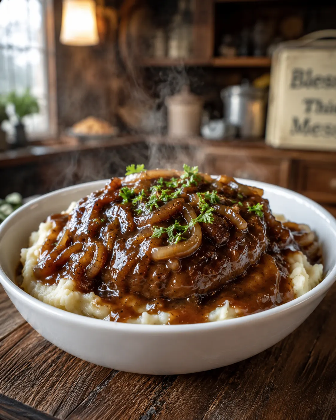 Swiss Steak (Tender, Old-Fashioned & Irresistible with Slow Onion Gravy) 2 swiss steak with caramelized onion gravy over mashed potatoes in a white bowl