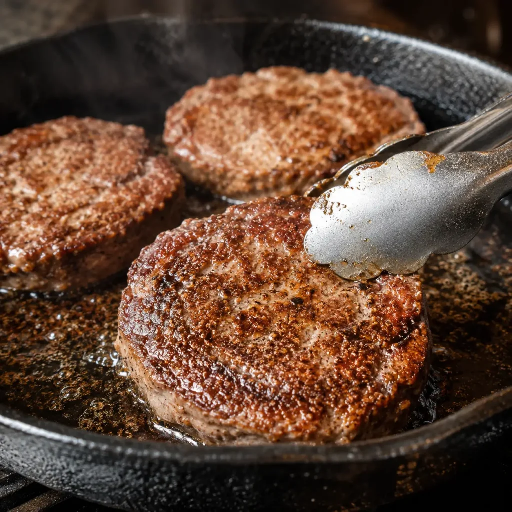 Swiss Steak (Tender, Old-Fashioned & Irresistible with Slow Onion Gravy) 4 pounded round steak searing in cast iron skillet until golden brown crust