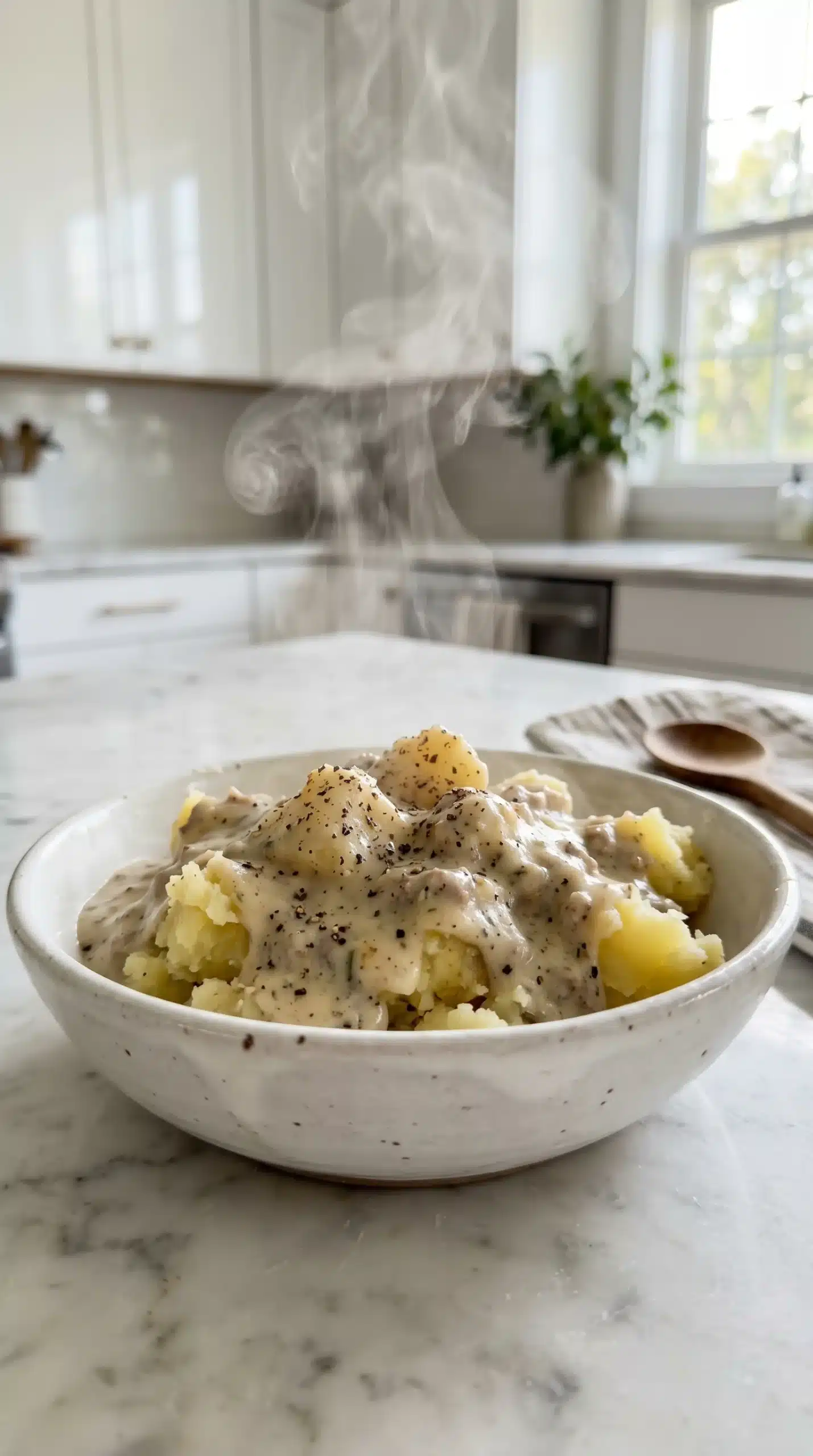 Country Gravy Potatoes (Old-Fashioned Farmhouse Comfort Food in 30 Minutes) 2 country gravy potatoes smothered in thick white pepper gravy in a rustic bowl