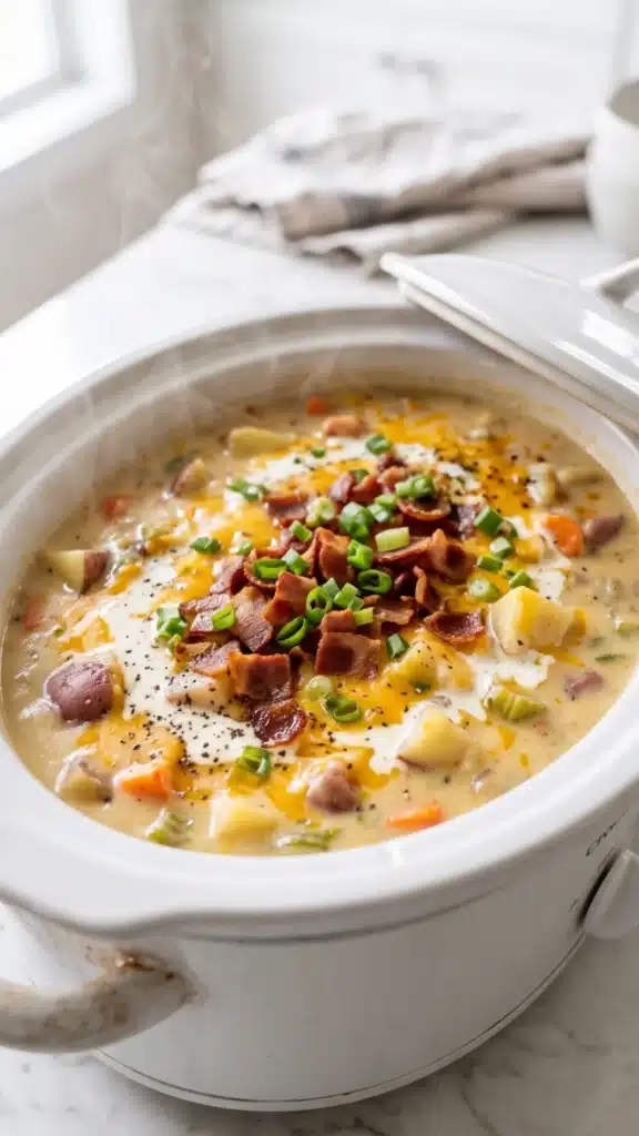 crockpot loaded potato soup in a white bowl topped with crispy bacon cheddar sour cream and green onions