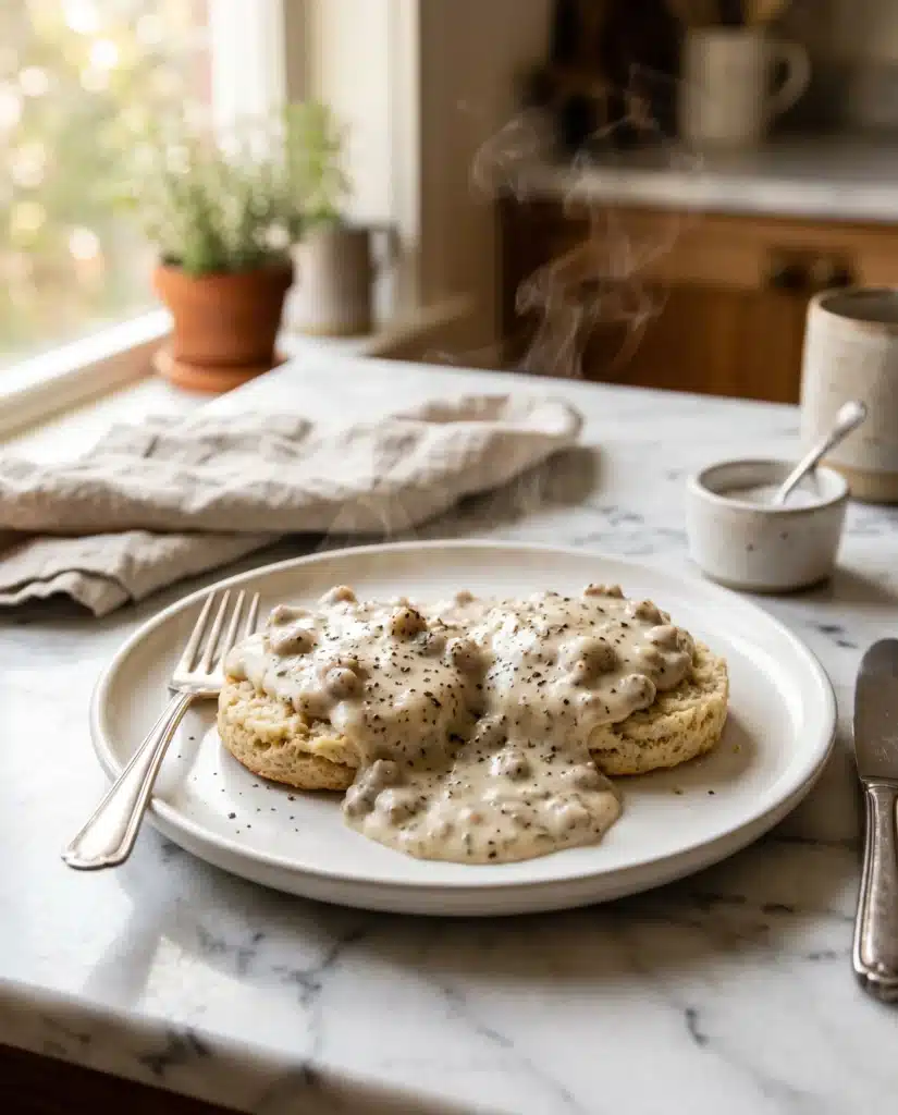 gluten-free biscuits and gravy with thick white pepper country gravy poured over split biscuits on a white plate