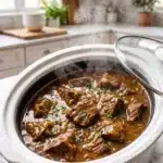 slow cooker beef and gravy with fall-apart tender beef in rich brown gravy in a white bowl