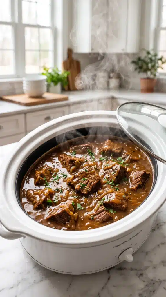 slow cooker beef and gravy with fall-apart tender beef in rich brown gravy in a white bowl
