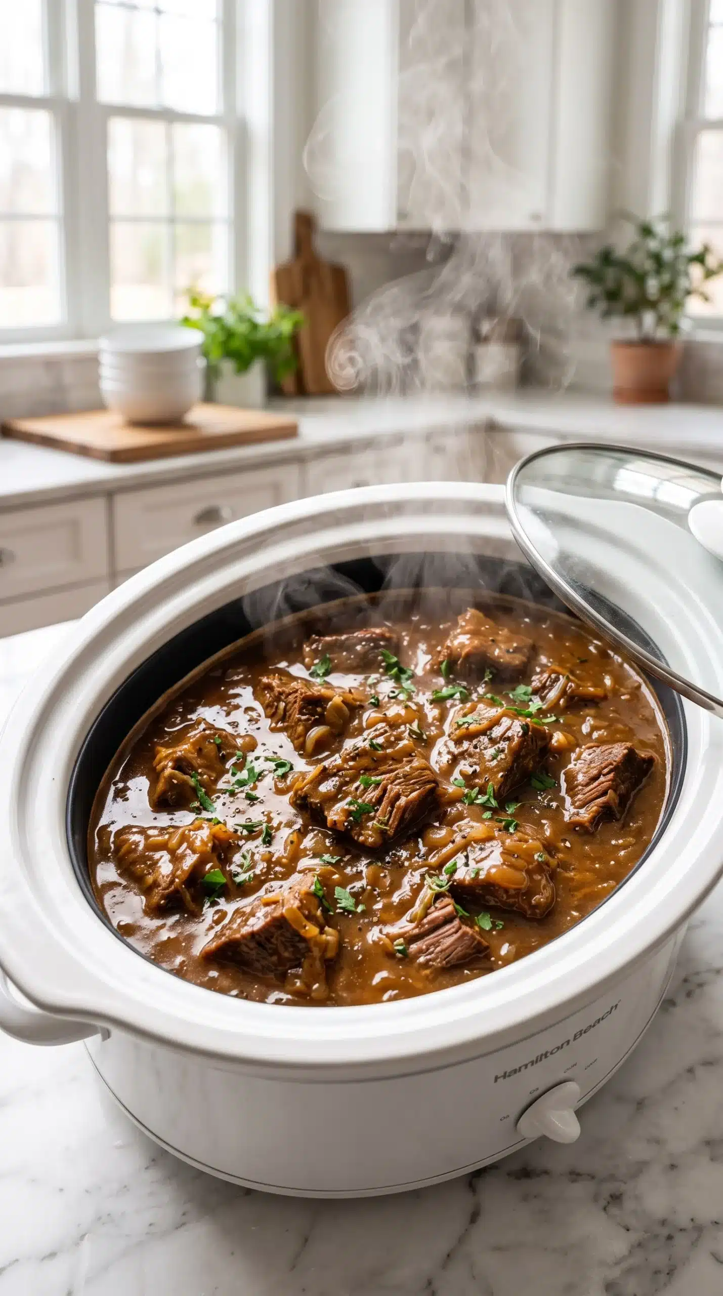 slow cooker beef and gravy with fall-apart tender beef in rich brown gravy in a white bowl