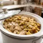 slow cooker chicken and stuffing in a white bowl with tender shredded chicken and golden stuffing