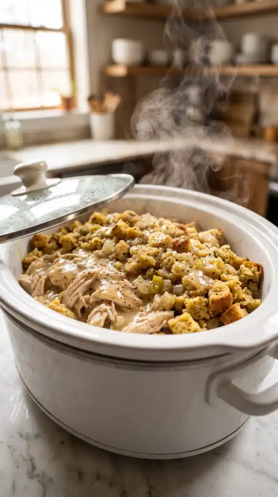 slow cooker chicken and stuffing in a white bowl with tender shredded chicken and golden stuffing