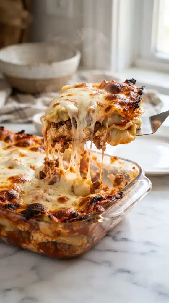 dumpling lasagna with golden crispy cheese and meat sauce pulled from baking dish with spatula