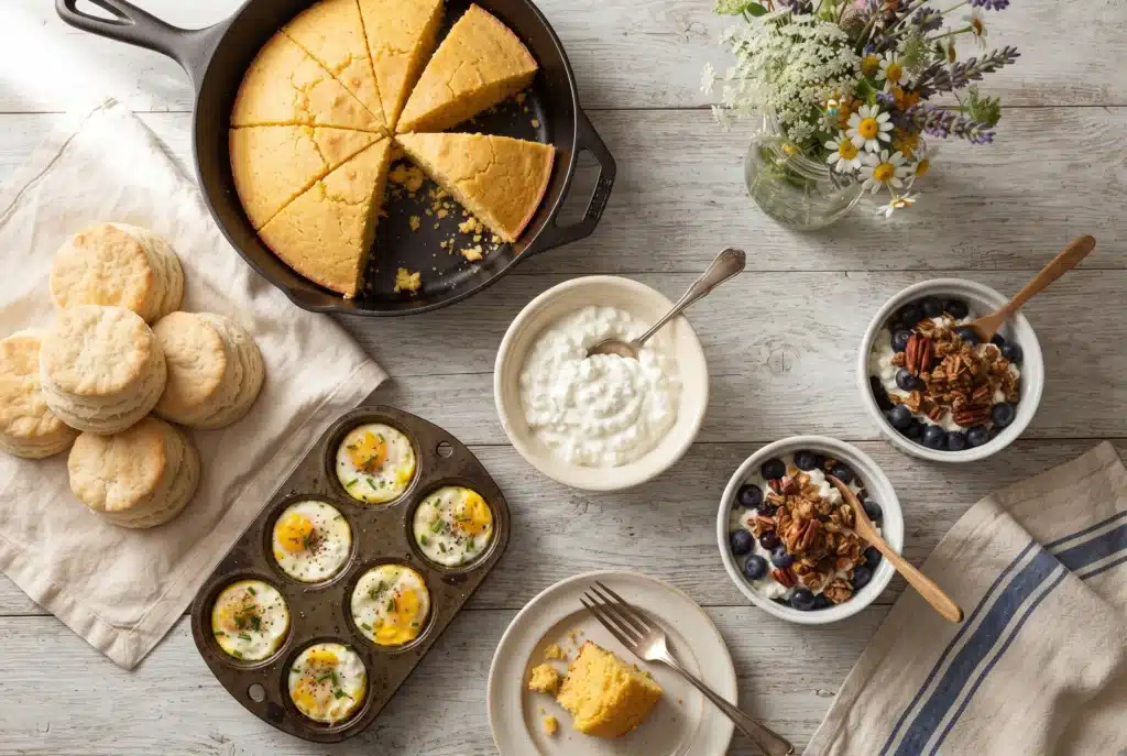 Gluten-free cottage cheese recipes overhead spread — biscuits, cornbread, egg bites, and blueberry breakfast bowls on a rustic Southern farmhouse table