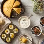 Gluten-free cottage cheese recipes overhead spread — biscuits, cornbread, egg bites, and blueberry breakfast bowls on a rustic Southern farmhouse table