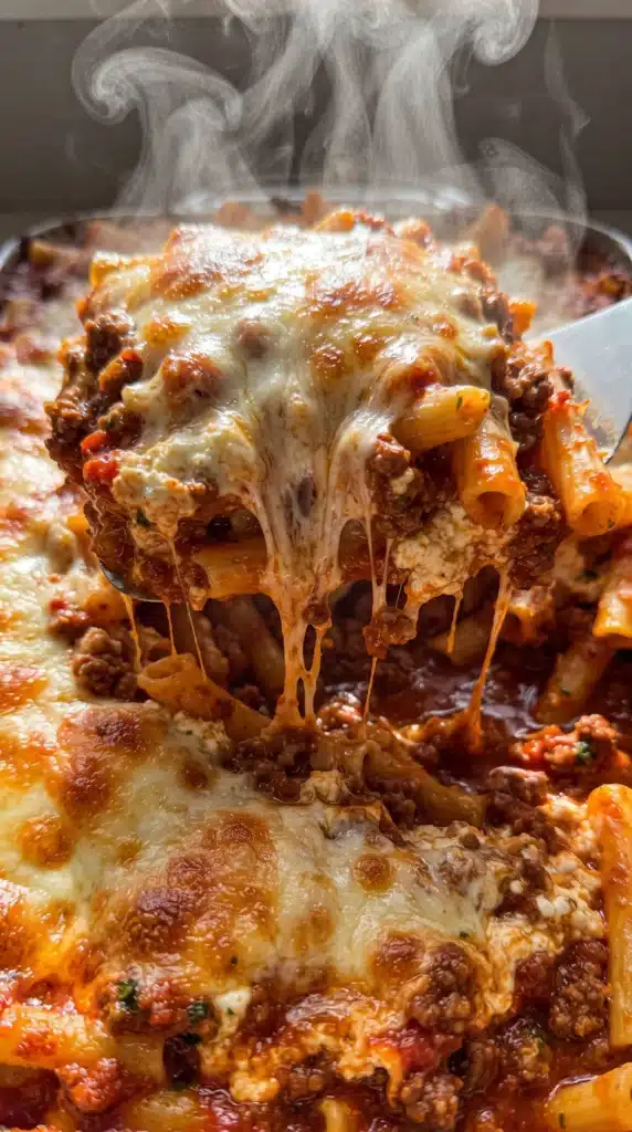 million dollar baked ziti with golden bubbly cheese crust being scooped from baking dish