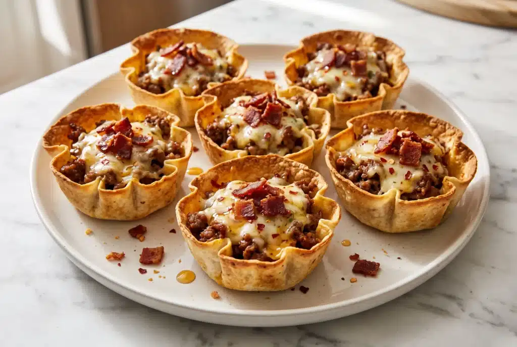 Hot honey bacon cheeseburger taco cups with melted pepper jack cheese, crispy beef bacon and glossy honey drizzle
