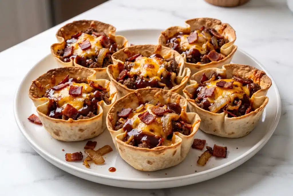 Crispy BBQ bacon cheeseburger taco cups with smoky cheddar, caramelized onions and barbecue sauce