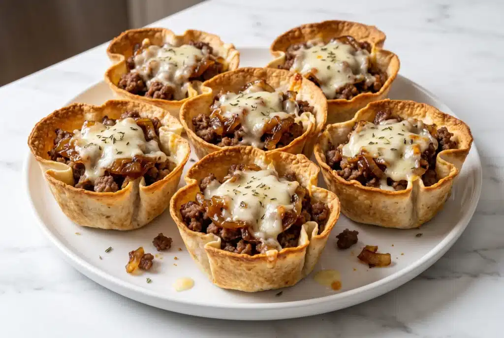 Crispy buffalo chicken taco cups with shredded chicken, orange buffalo sauce, melted mozzarella and ranch drizzle