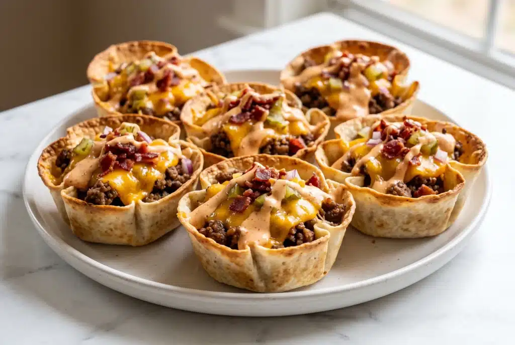 Crispy double beef bacon cheeseburger taco cups filled with ground beef, melted cheddar, beef bacon and dill pickles