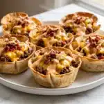 Crispy double beef bacon cheeseburger taco cups filled with ground beef, melted cheddar, beef bacon and dill pickles