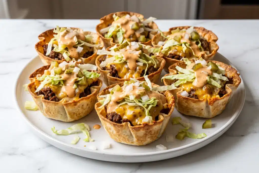 Crispy smashburger taco cups filled with browned beef patties, melted American cheese, onions and pickles