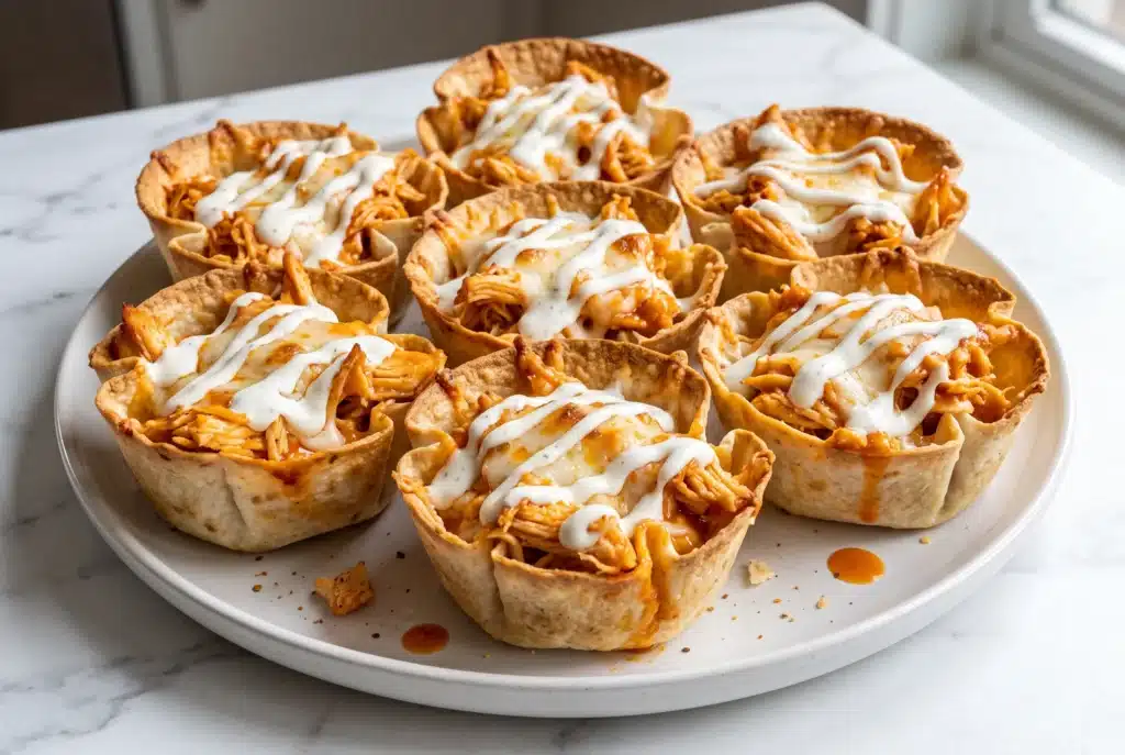 Loaded potato cheeseburger taco cups with crispy potato cubes, ground beef, cheddar, sour cream and beef bacon