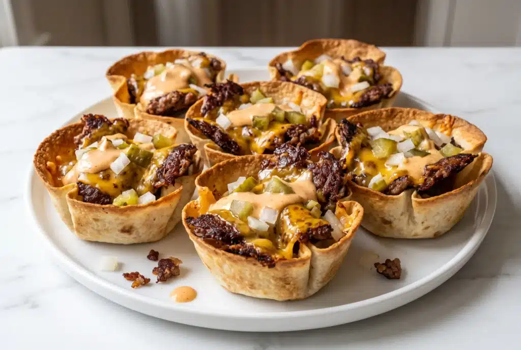French onion cheeseburger taco cups with caramelized onions, seasoned ground beef and melted Swiss cheese