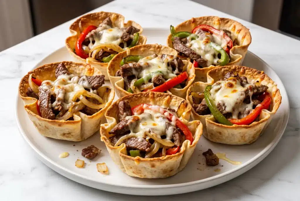 Big Mac-style cheeseburger taco cups topped with American cheese, shredded lettuce, pickles and special sauce