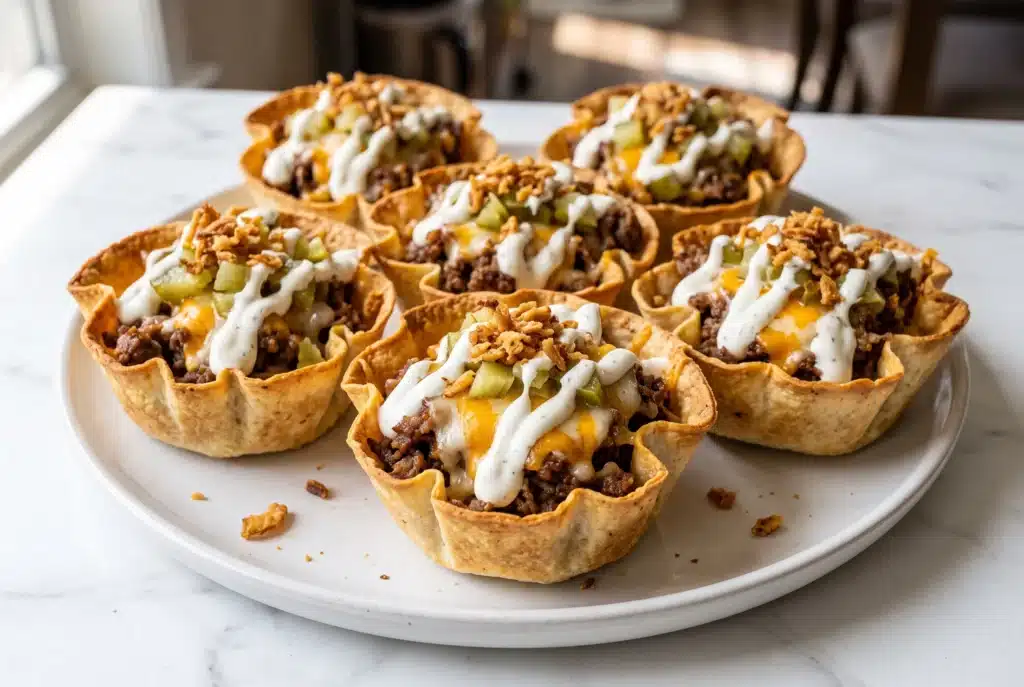 Golden cheeseburger tortilla cups topped with dill pickles, melted cheese, creamy ranch dressing and crispy onions